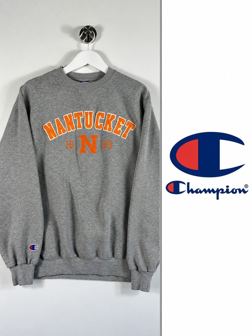 Vintage Champion Nantucket 1683 Crewneck Sweatshirt Grey Orange S